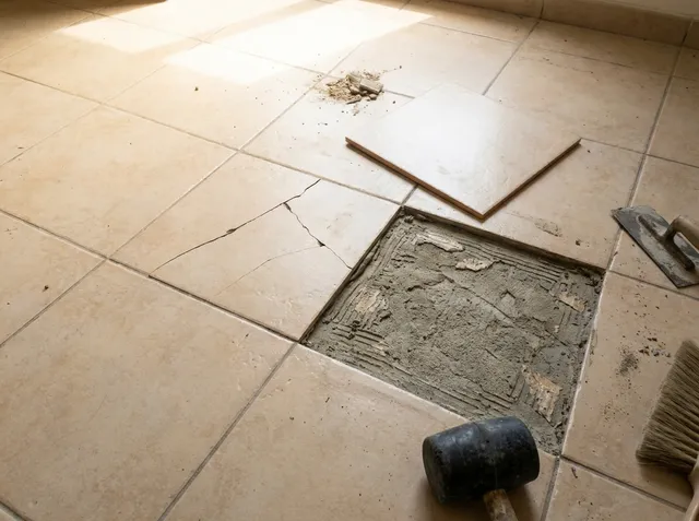Cracked floor tile being replaced with a new matching tile